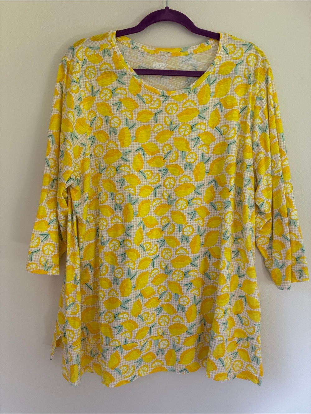 Lands' End Yellow Lemon-Print 3/4 Sleeve Tunic Size 1X